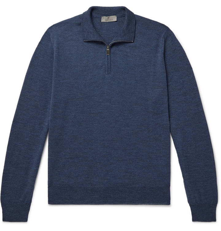 Photo: Canali - Slim-Fit Mélange Merino Wool Half-Zip Sweater - Blue