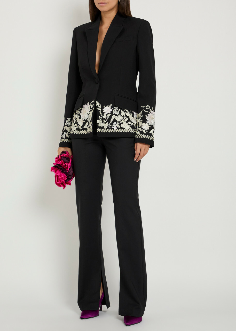 Erdem Floral-embroidered Wool Blazer Black
