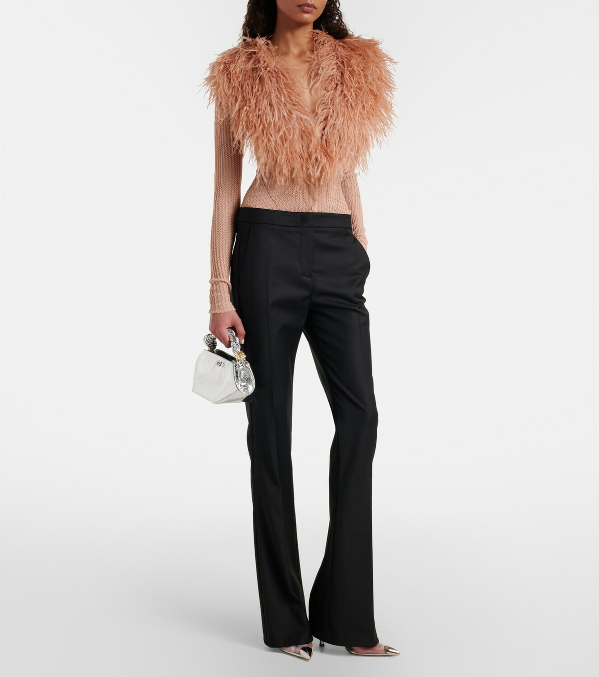 Blumarine Feather-trimmed ribbed-knit cardigan