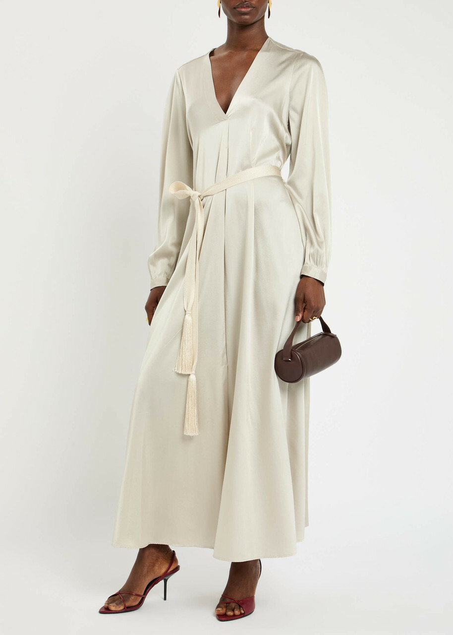 Forte_forte Belted Silk-satin Midi Dress Grey