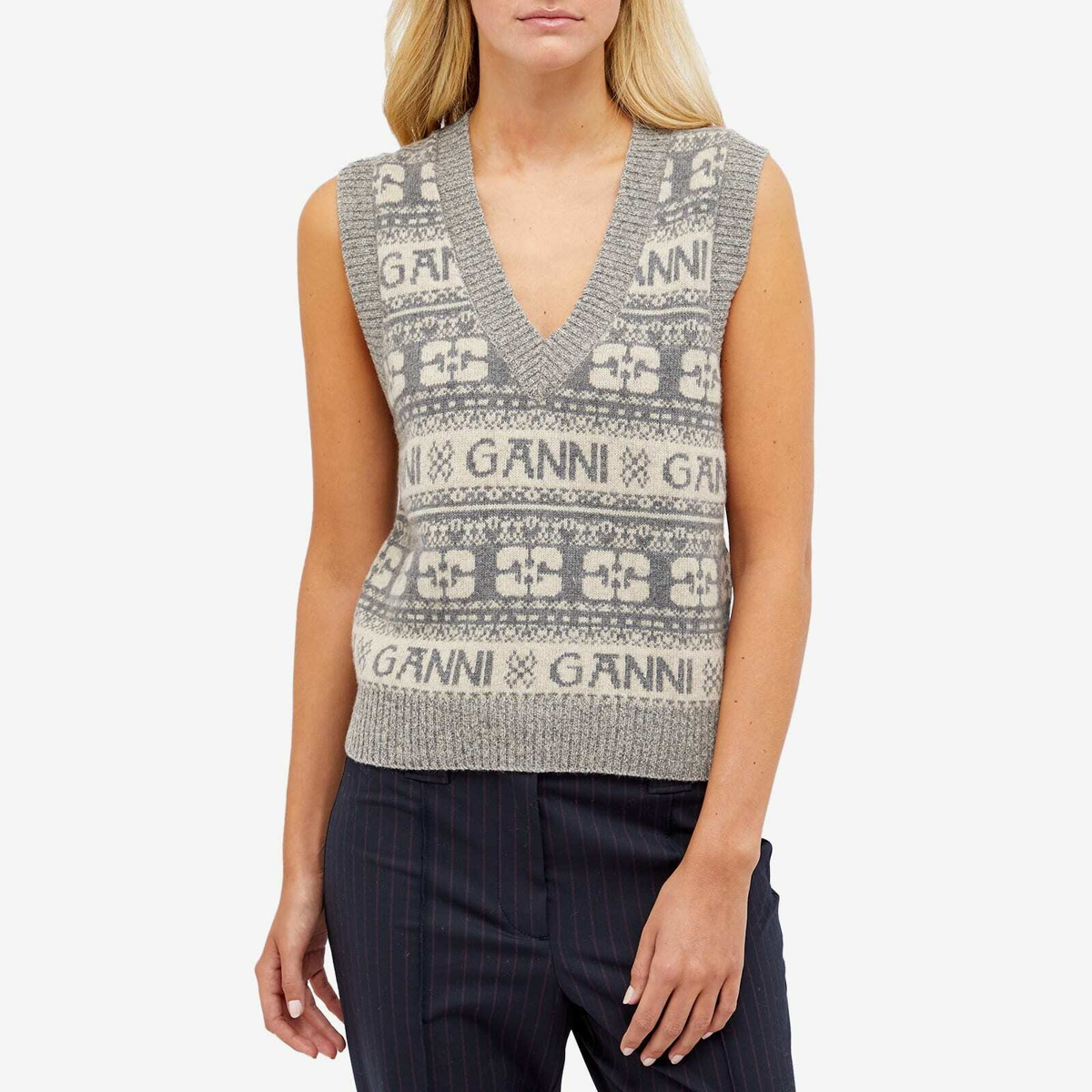 GANNI Women's Logo Wool Mix Vest in Frost Grey