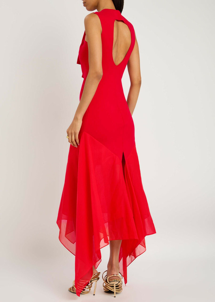 A.W.A.K.E Mode Chiffon and Knit Knotted-neckline Midi Dress Red
