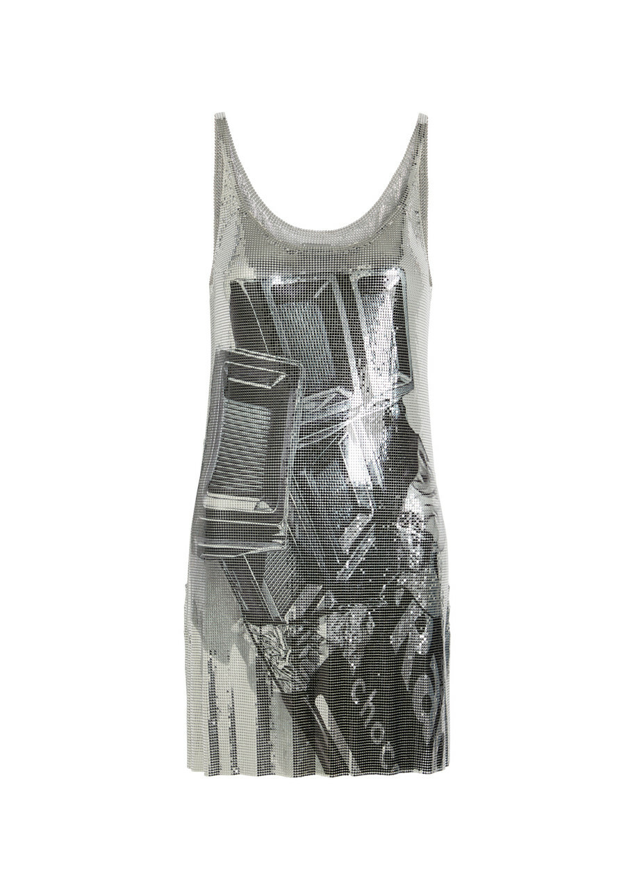 Rabanne Printed Chainmail Mini Dress White And Blue