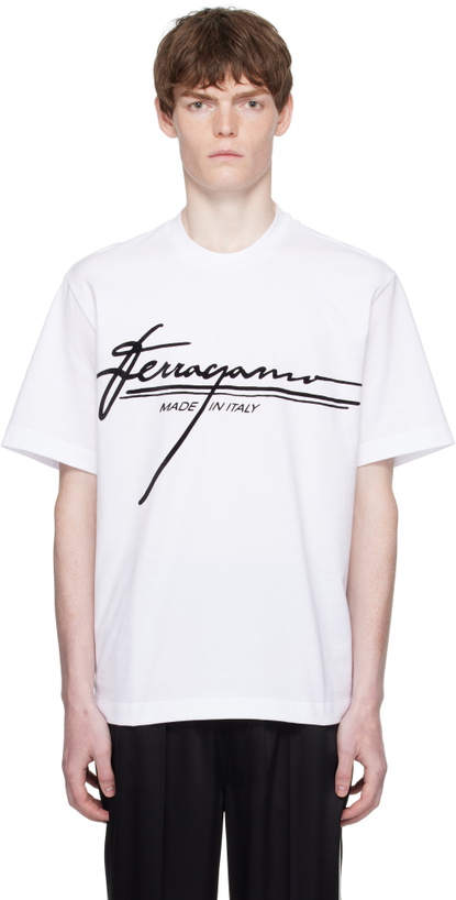 Photo: Ferragamo White Crew Neck Printed Signature T-shirt