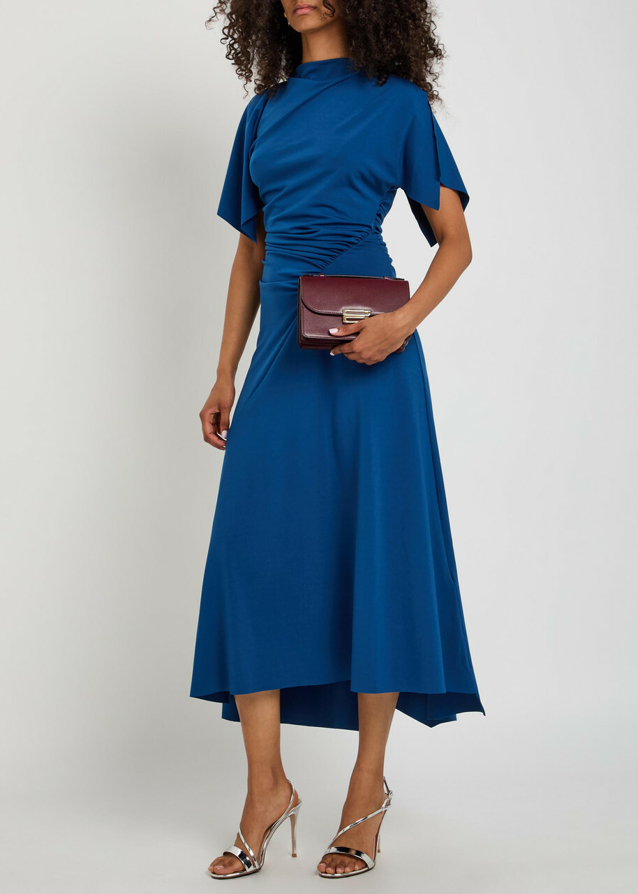 Victoria Beckham Asymmetric Ruched Stretch-jersey Midi Dress Dark Blue