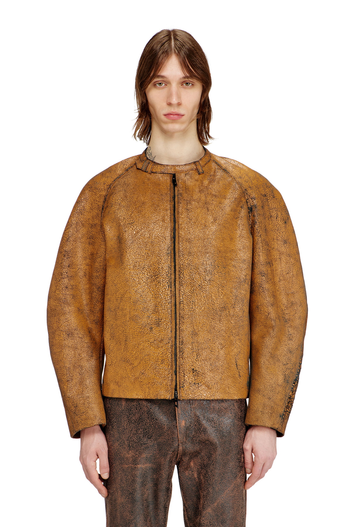 Diesel Cocoon-sleeve biker jacket in cracked leather - Leather