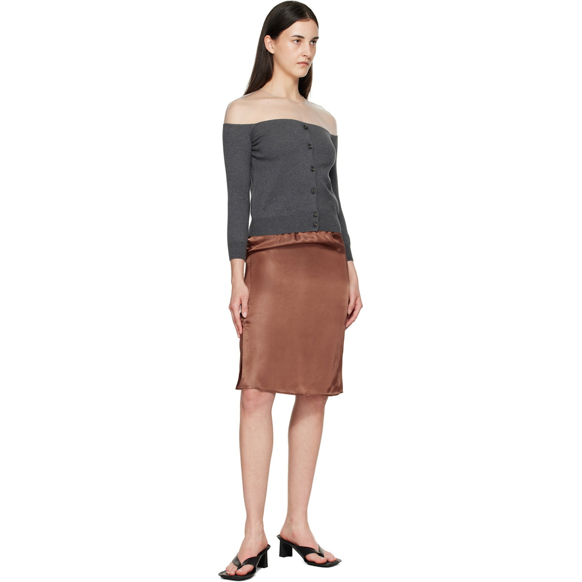 MM6 Maison Margiela Brown Satin Midi Skirt
