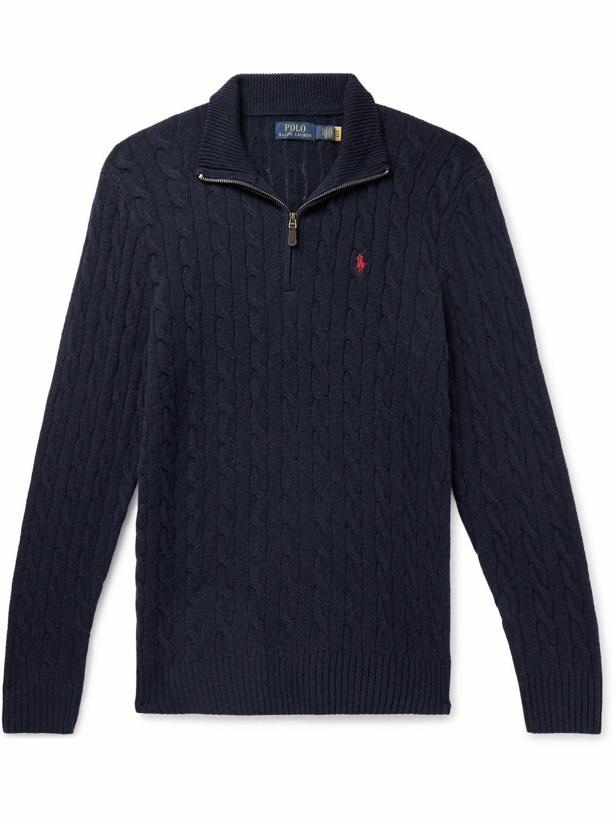 Photo: Polo Ralph Lauren - Logo-Embroidered Cable-Knit Wool and Cashmere-Blend Half-Zip Sweater - Blue