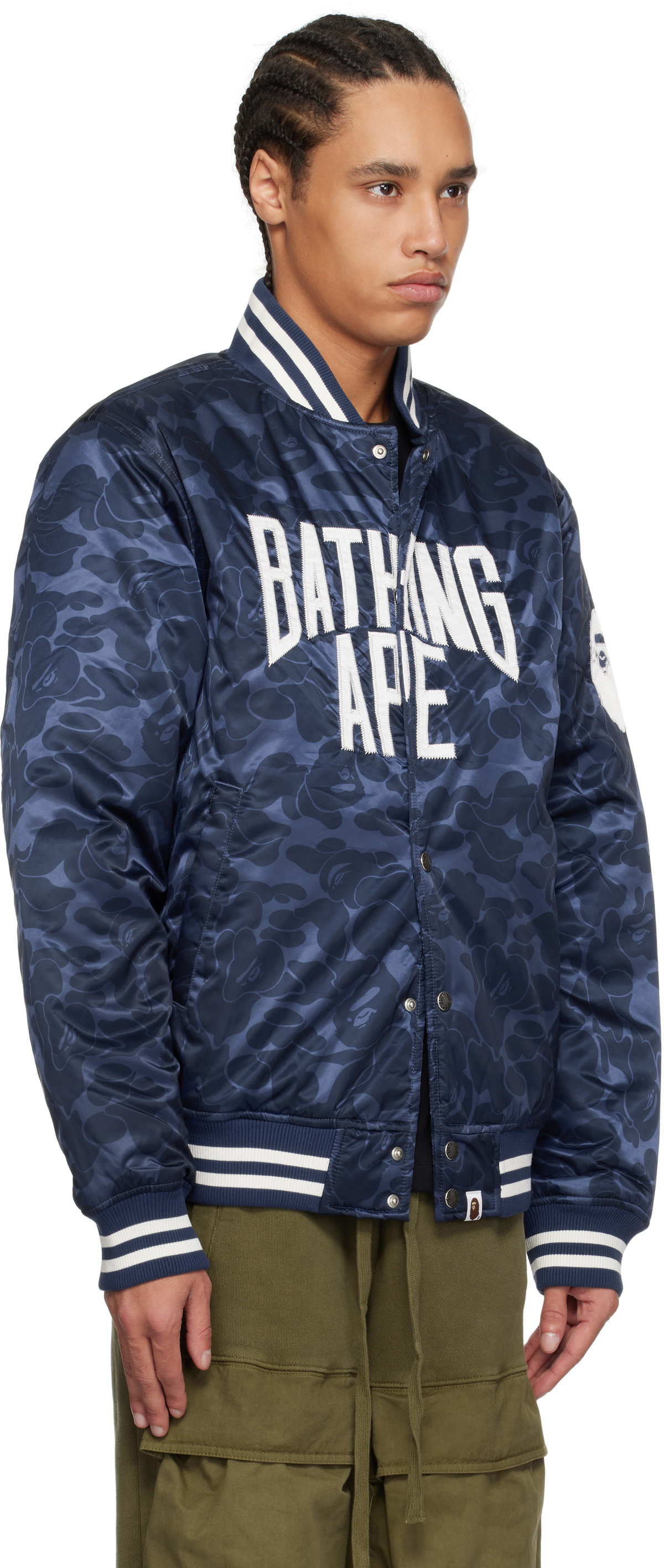 BAPE Navy Solid Camo NYC Logo Varsity Bomber Jacket