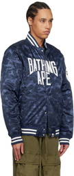 BAPE Navy Solid Camo NYC Logo Varsity Bomber Jacket