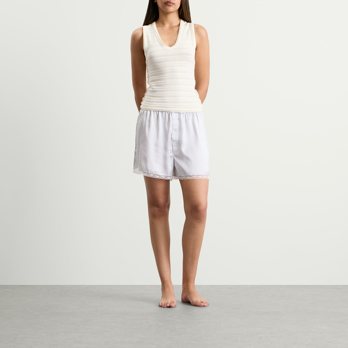SKIMS Women's Woven Shine Boxer With Lace in Silver Stripe