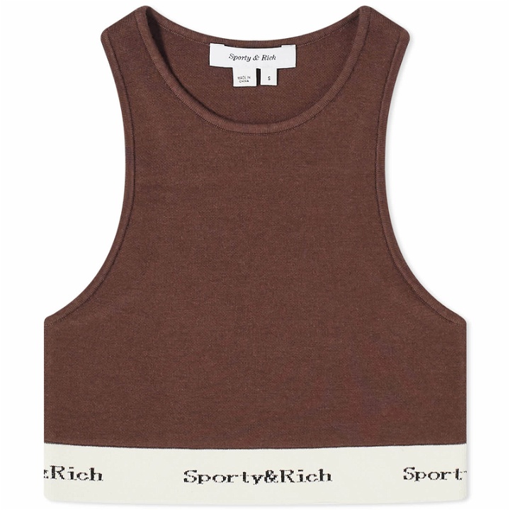 Photo: Sporty & Rich Women's Serif Logo Ribbed Cropped Tank Top in Chocolate