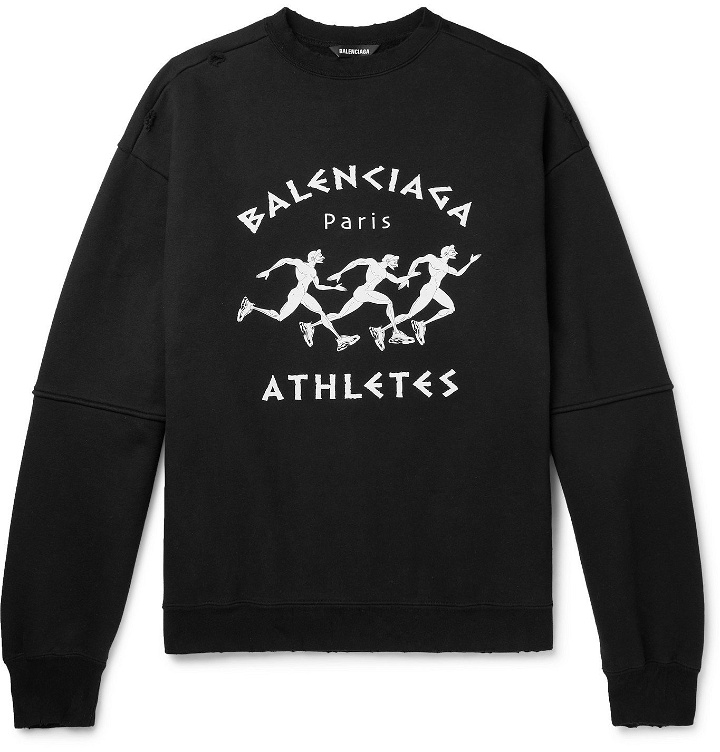Photo: BALENCIAGA - Distressed Logo-Print Fleece-Back Cotton-Jersey Sweatshirt - Black