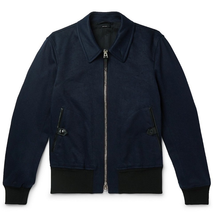 Photo: TOM FORD - Slim-Fit Leather-Trimmed Cotton and Linen-Blend Twill Bomber Jacket - Men - Navy