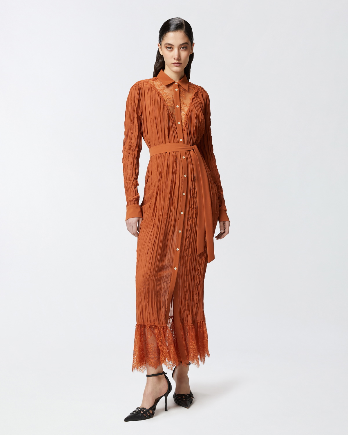 Pinko Long Shirt Dress With Lace Details Tan Brown