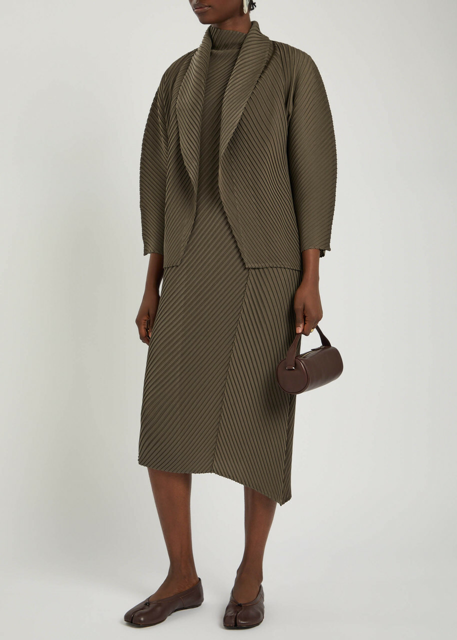 Issey Miyake Pleated Satin-plissé Cardigan Khaki