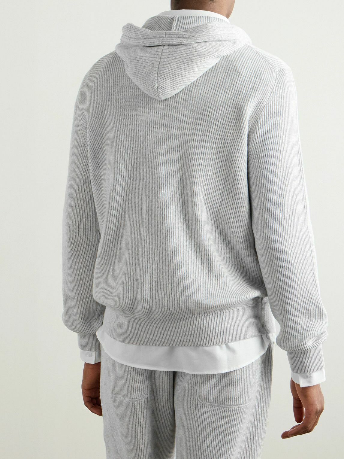 Brunello Cucinelli - Logo-Embroidered Ribbed Cotton Zip-Up Hoodie