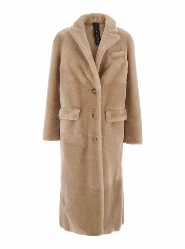 Photo: Blancha Beige Coat With Classic Lapels And Reversible Design In Fur Woman