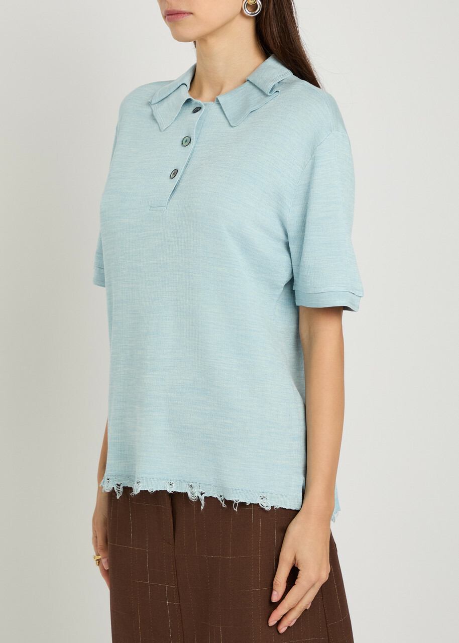 Tory Burch Distressed Silk-blend Polo top Light Blue