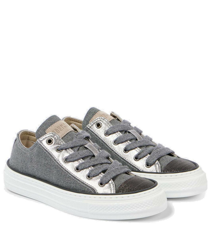 Photo: Brunello Cucinelli Beaded leather-trimmed canvas sneakers