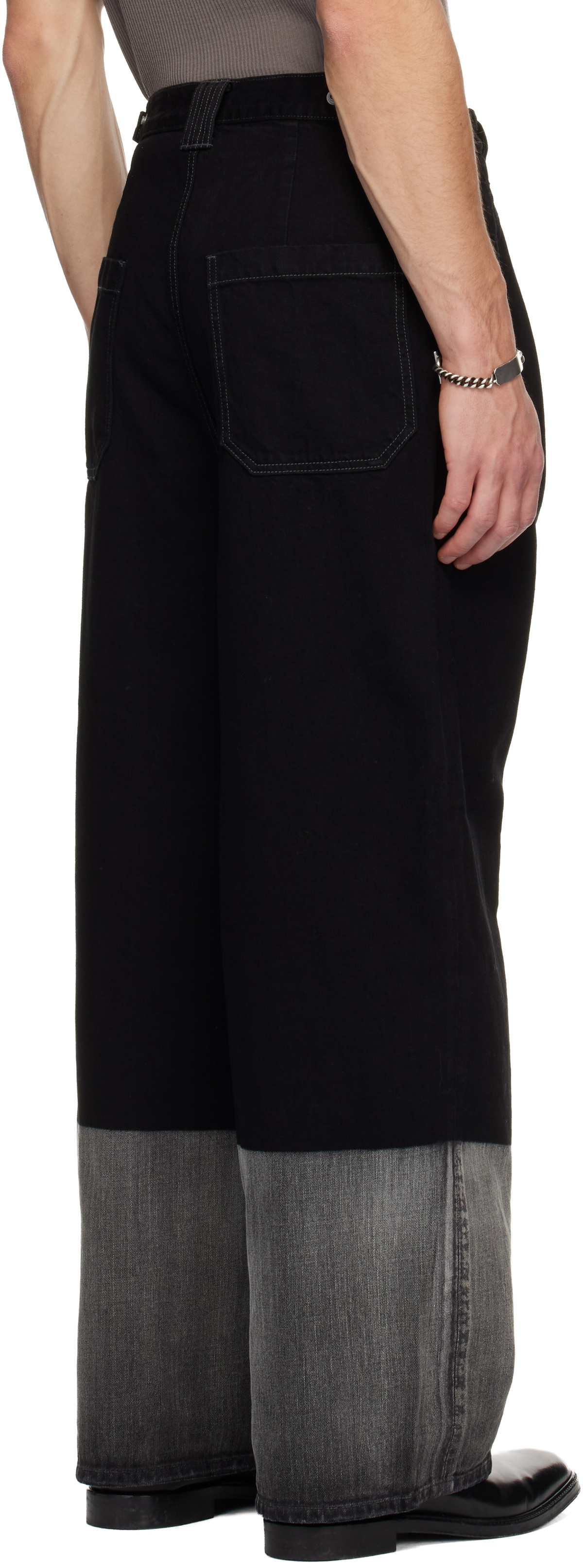 YOKE Black Laser Processed Wide-Leg Buggy Jeans