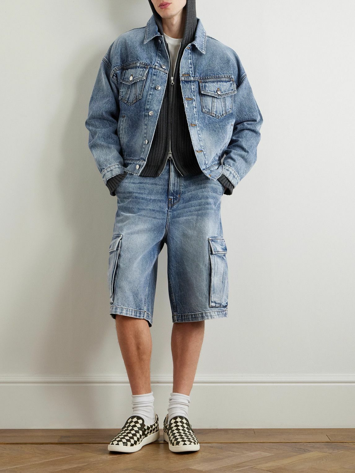 Rhude - Dropneck Cropped Distressed Denim Trucker Jacket - Blue