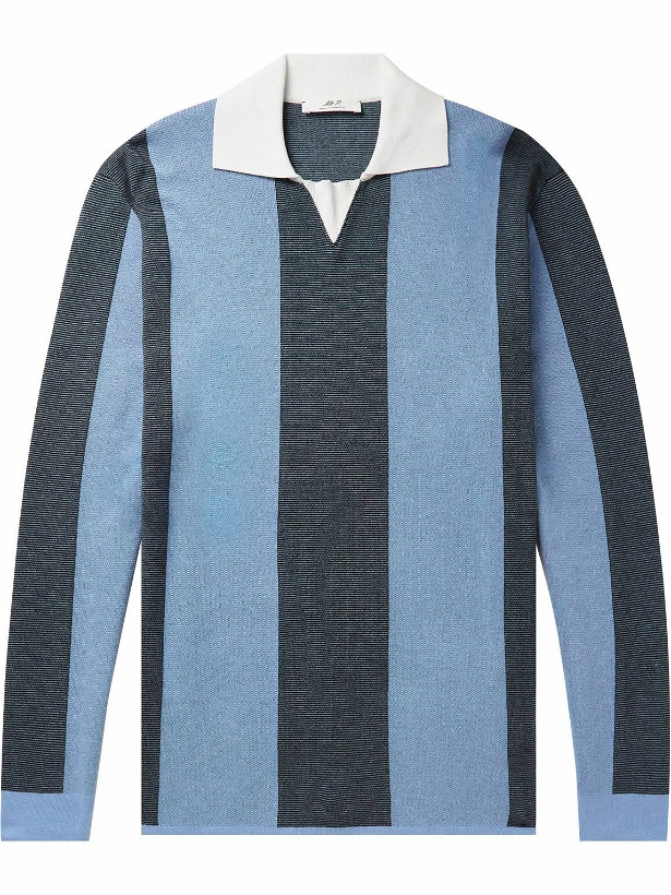 Photo: Mr P. - Striped Two-Tone Honeycomb-Knit Cotton-Blend Polo Shirt - Blue