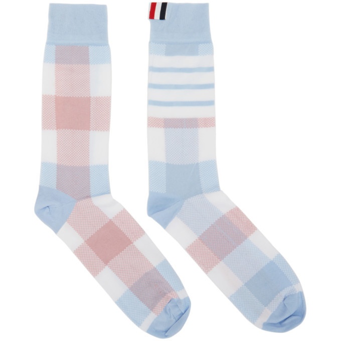 Photo: Thom Browne Blue and Pink 4-Bar Check Mid-Calf Socks