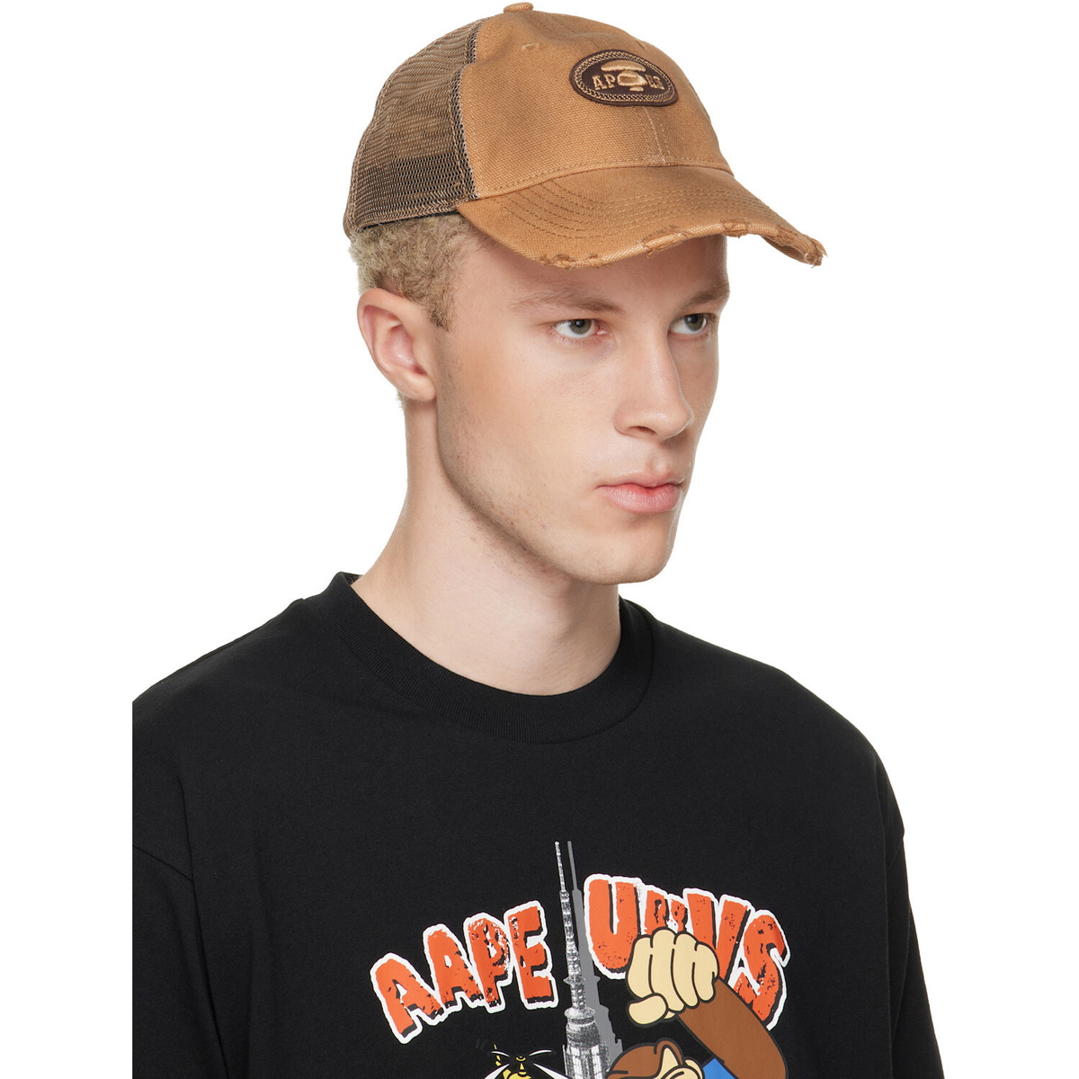 AAPE by A Bathing Ape Tan Moonface Logo Distressed Cap