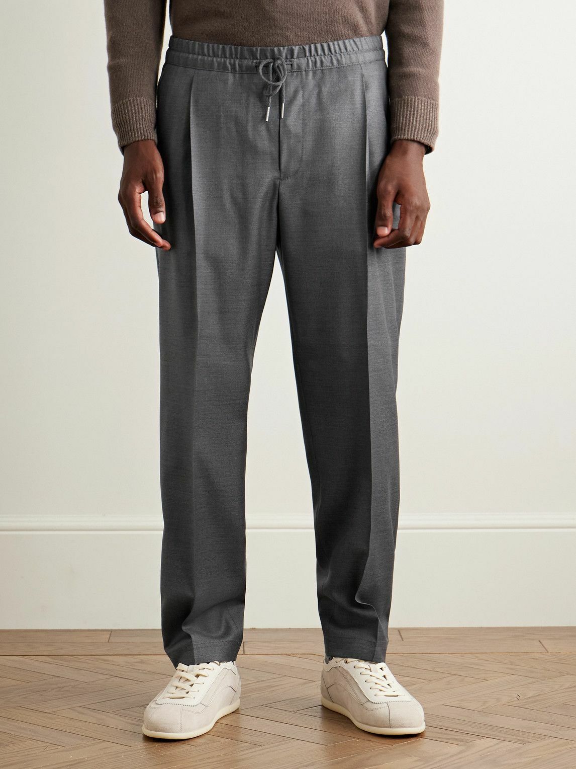 Caruso - Slim-Fit Pleated Wool Drawstring Trousers - Gray