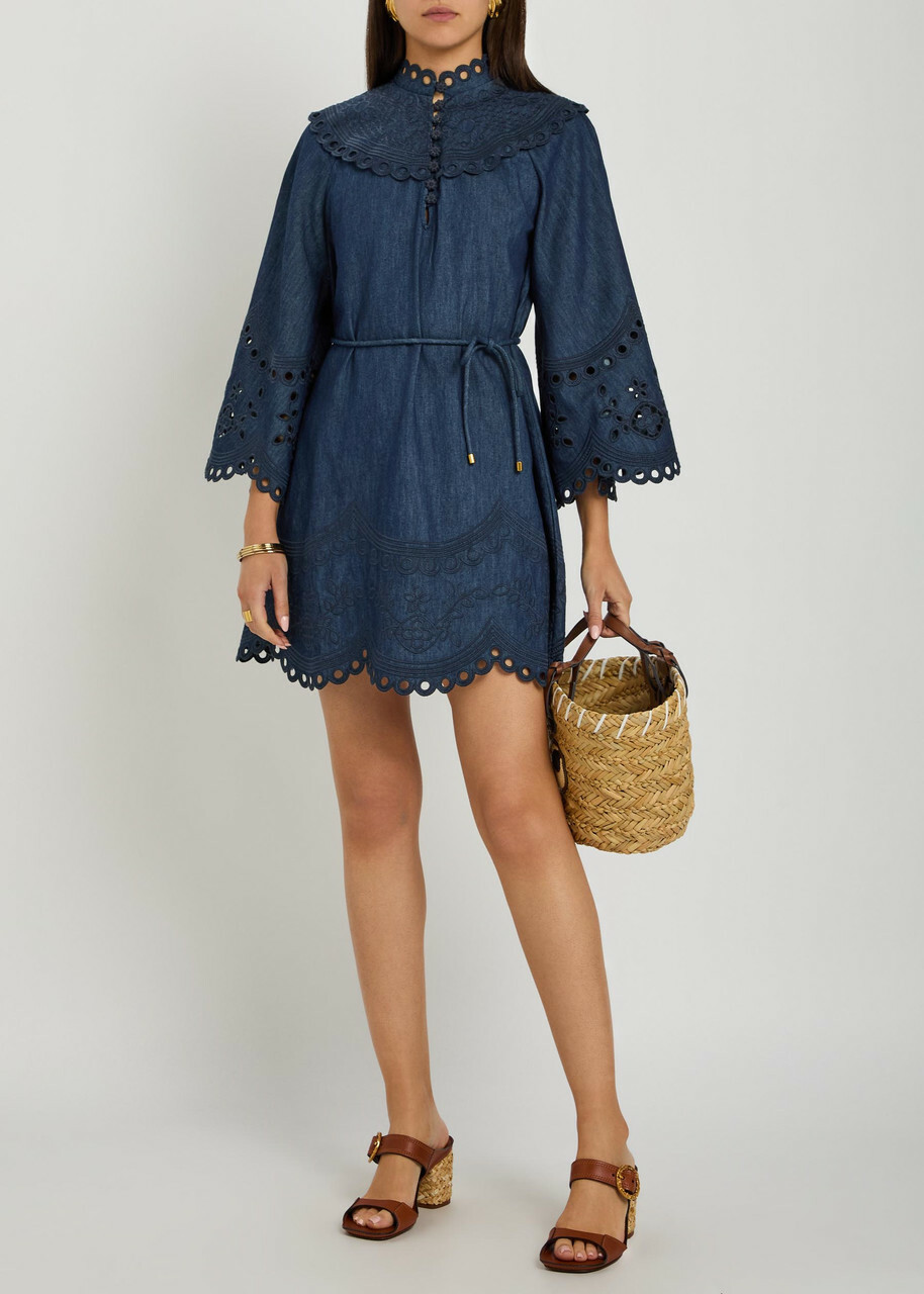 Zimmermann Mohon Broderie Anglaise Denim Mini Dress Navy