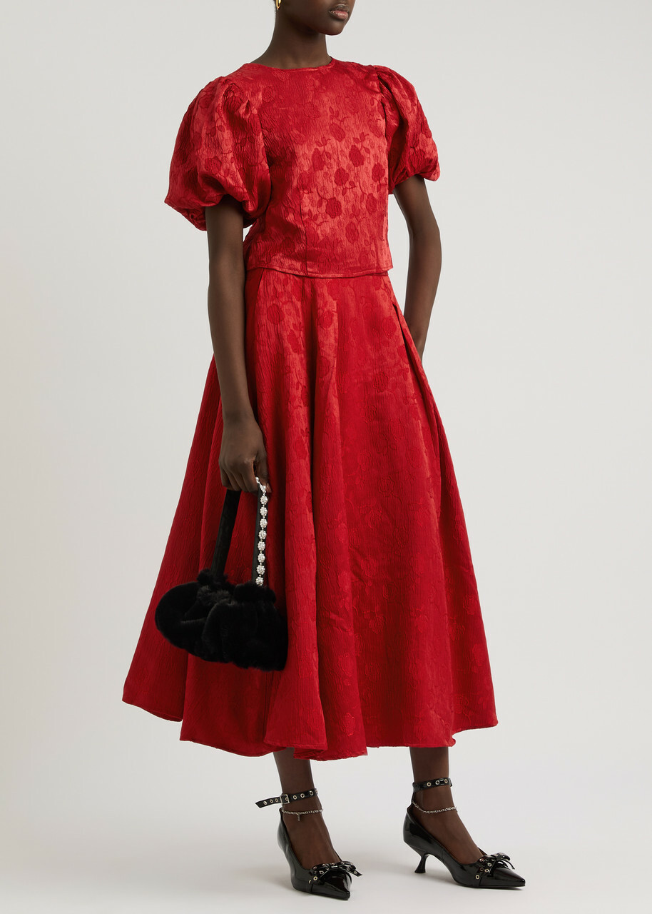 Sister Jane Charm Floral-jacquard Cloqué top Red Sister Jane