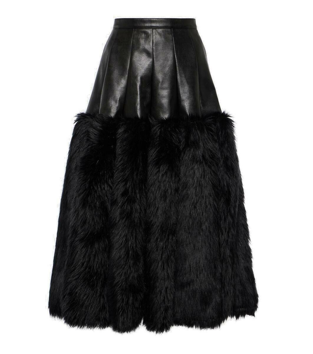 Junya Watanabe Faux fur-trimmed faux leather midi skirt