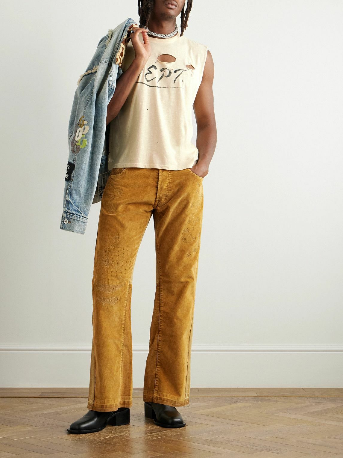 Gallery Dept. - Cropped Distressed Logo-Print Cotton-Jersey