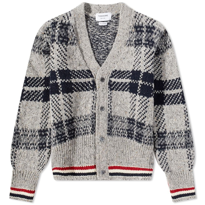 Photo: Thom Browne Men's Mohair Tweed Check Crew Cardigan in Medium Grey