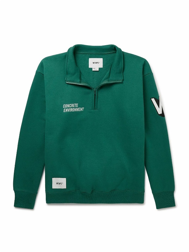 Photo: WTAPS - Logo-Embroidered Appliquéd Cotton-Jersey Half-Zip Sweatshirt - Green