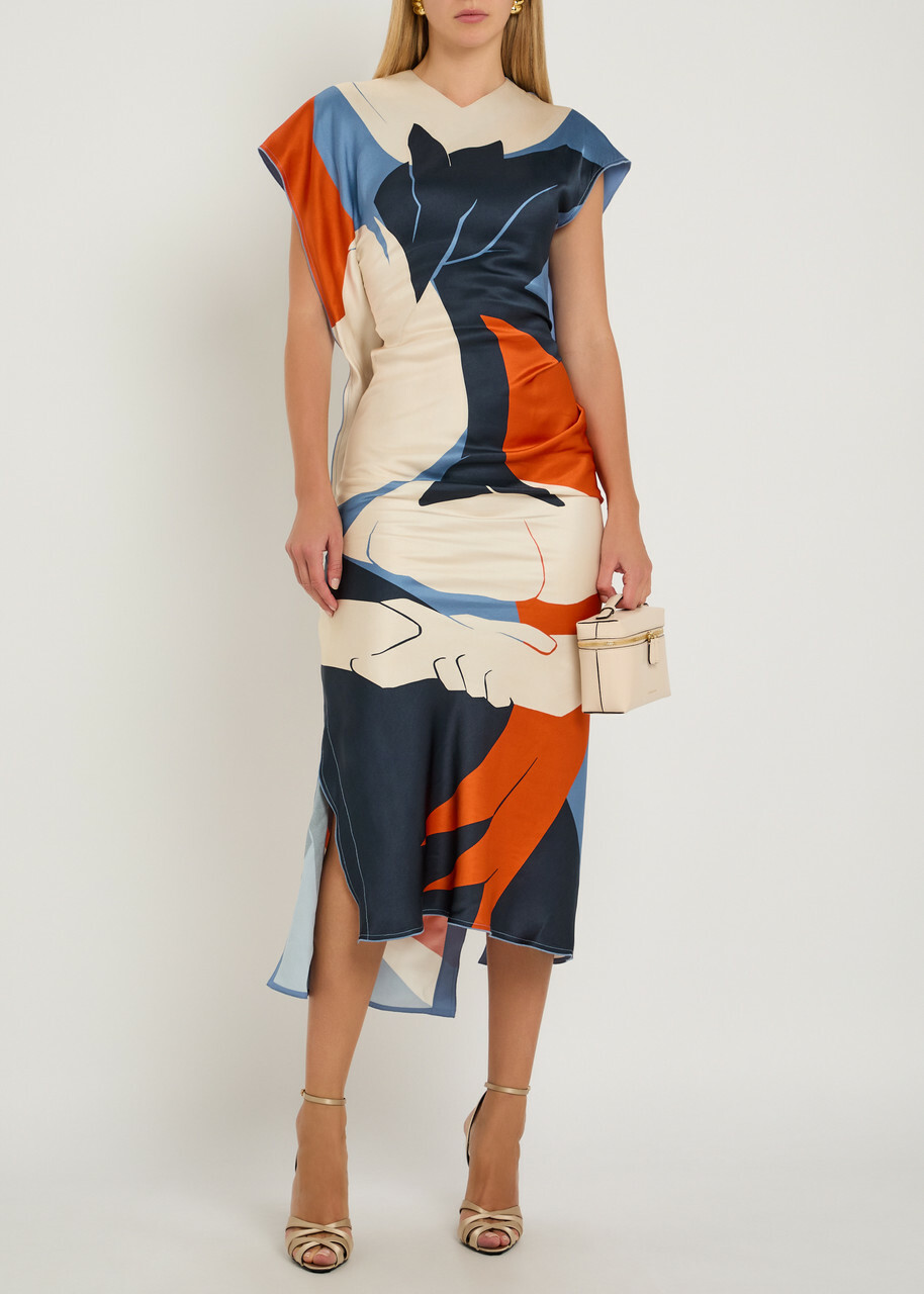 Victoria Beckham Victoria Printed Draped Satin Midi Dress Multicoloured