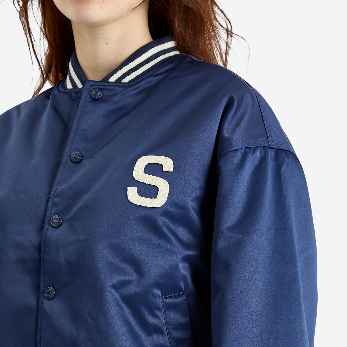 House Of Sunny Women's Satin Cult Bomber Jacket in True Navy