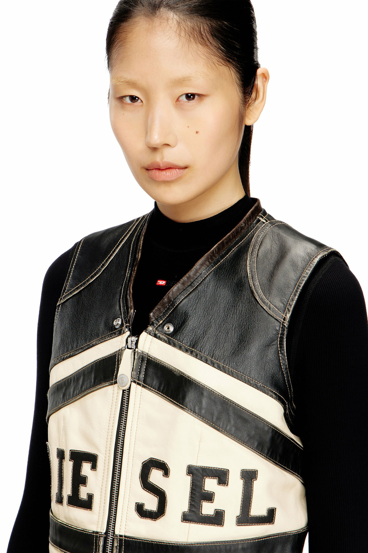 Diesel Leather vest with front logo and contrast stripes - Vests Womens in Multicolor
