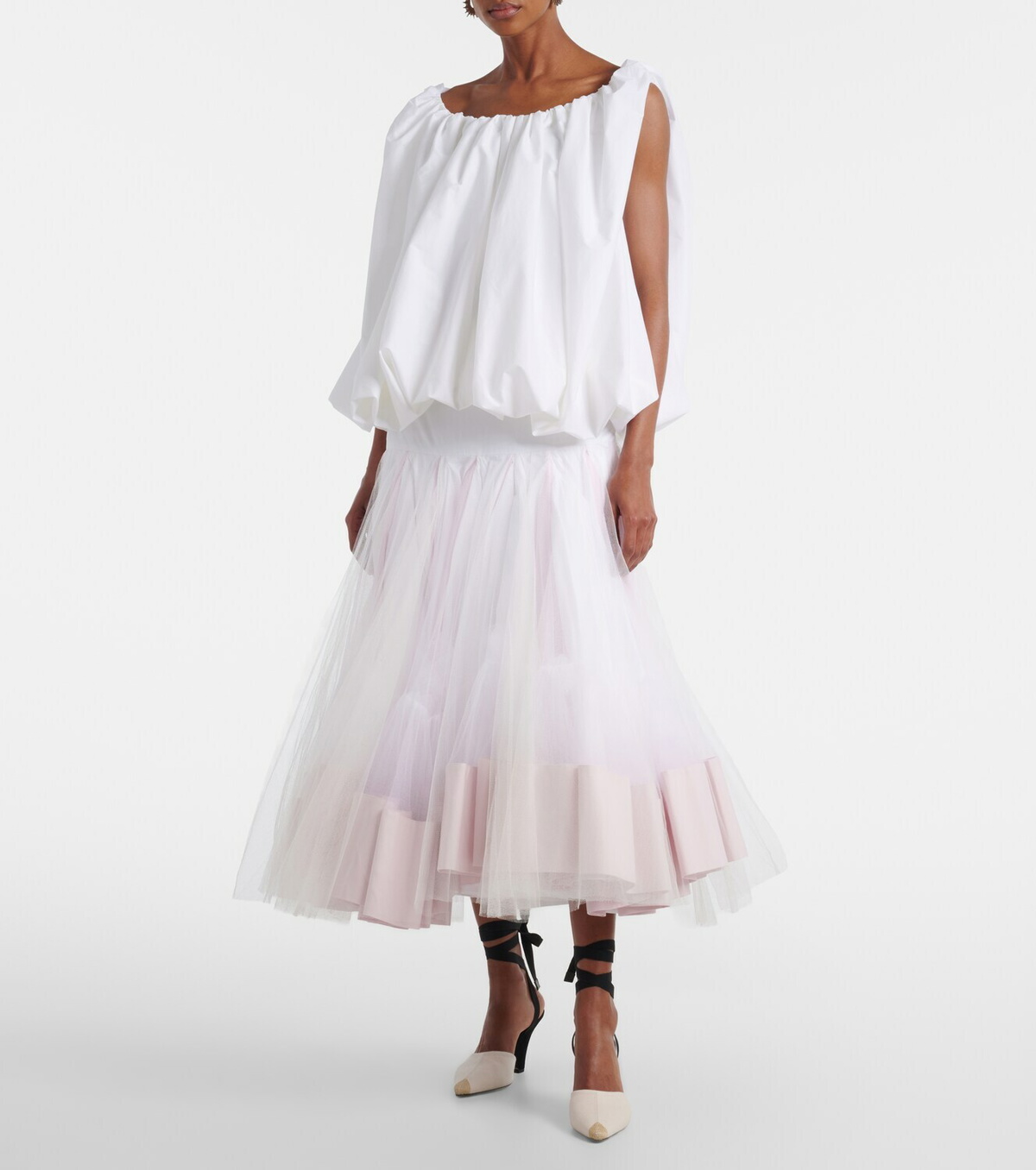 Jacquemus Mireio tulle-trimmed cotton poplin midi skirt