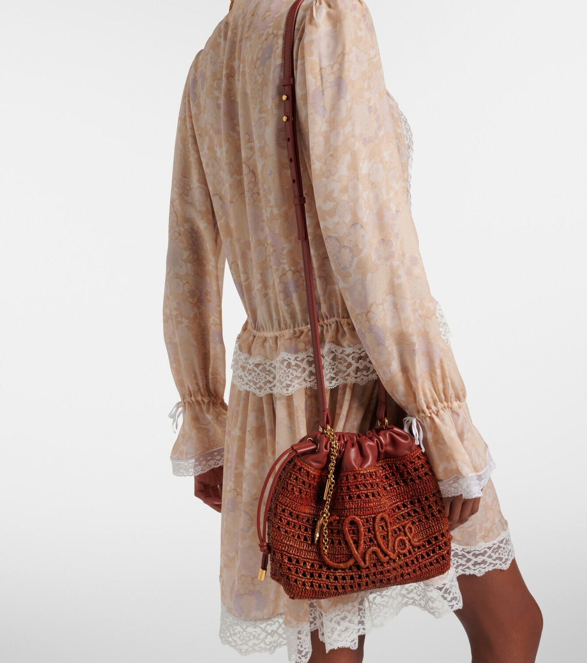 Chloé Mini leather-trimmed raffia bucket bag