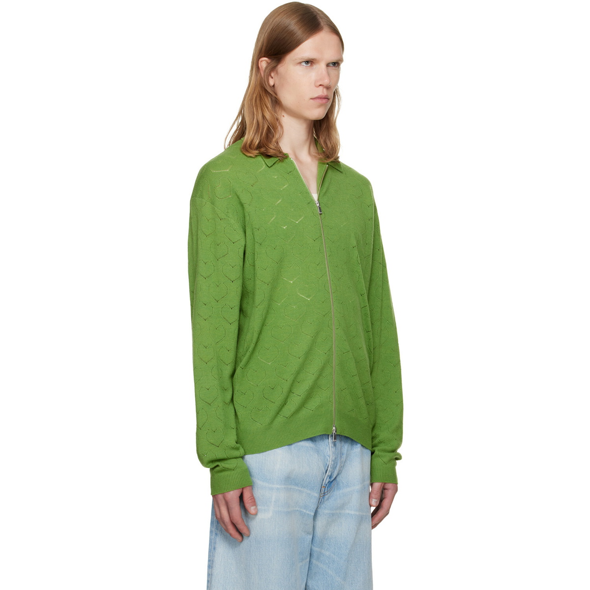 vowels Green Eyelet Knitted Zip-Up Sweater