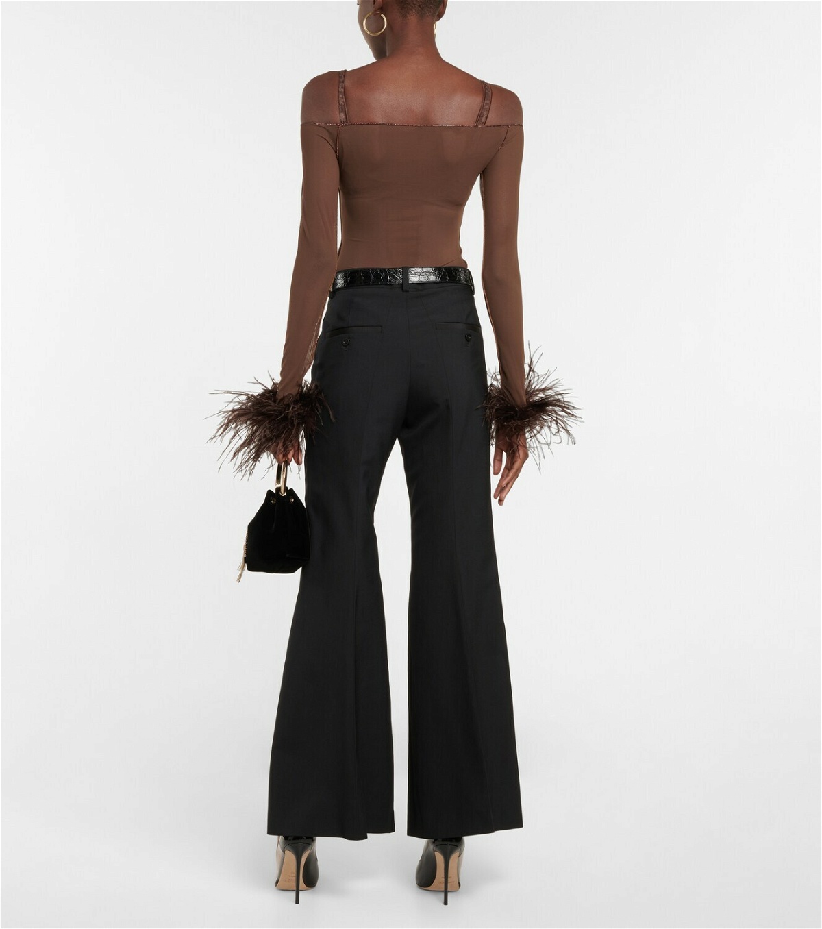 Oseree - Feather-trimmed mesh bodysuit