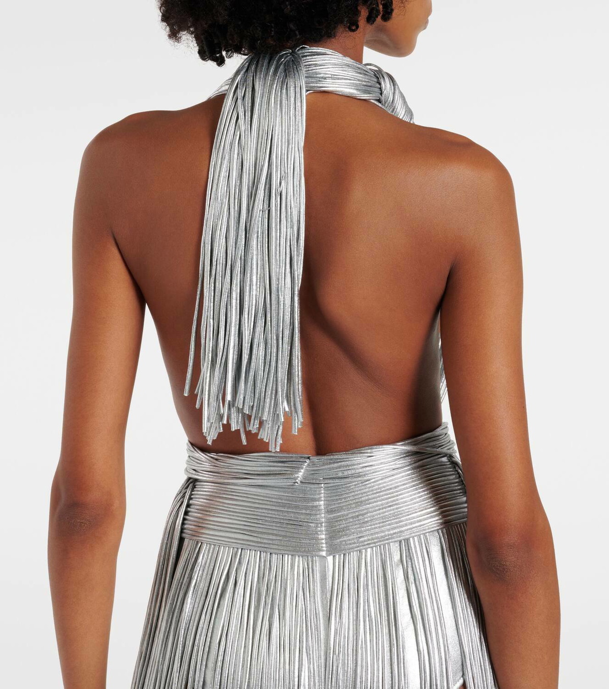 Area Fringed metallic-effect jersey gown