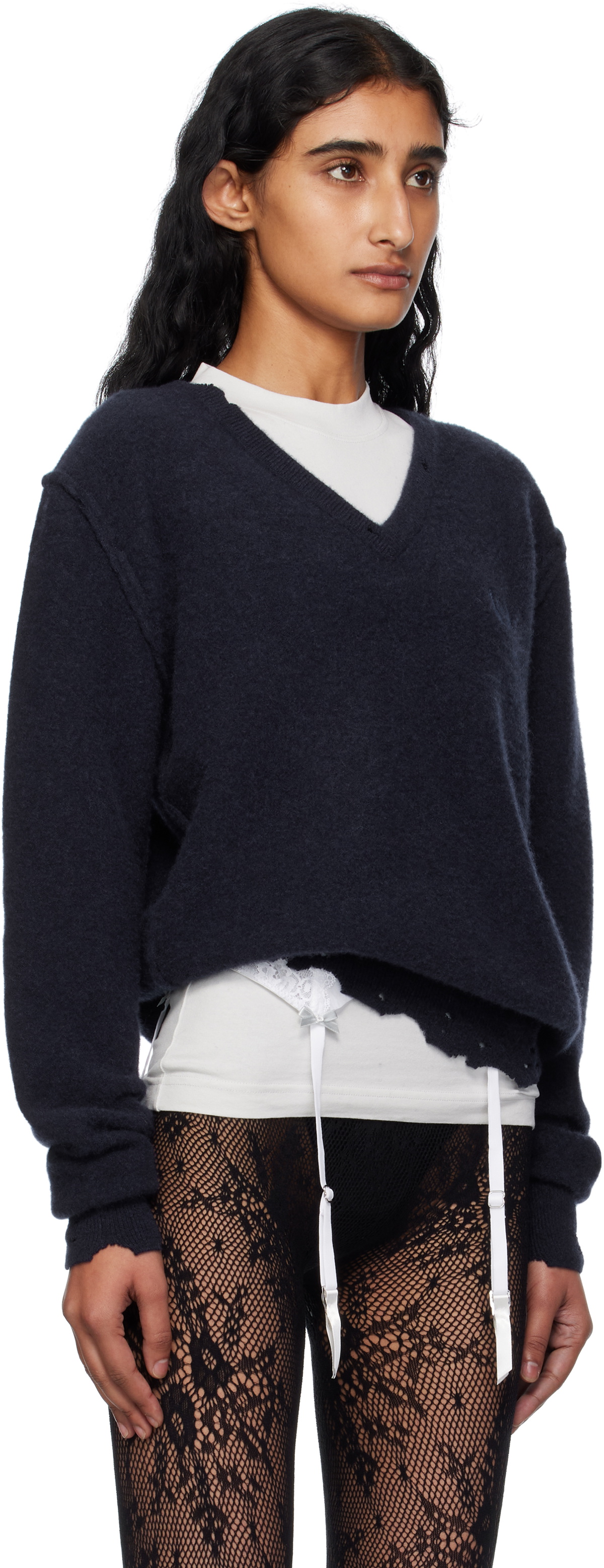 Balenciaga Navy Laurel Classic Inside-Out V-Neck Sweater
