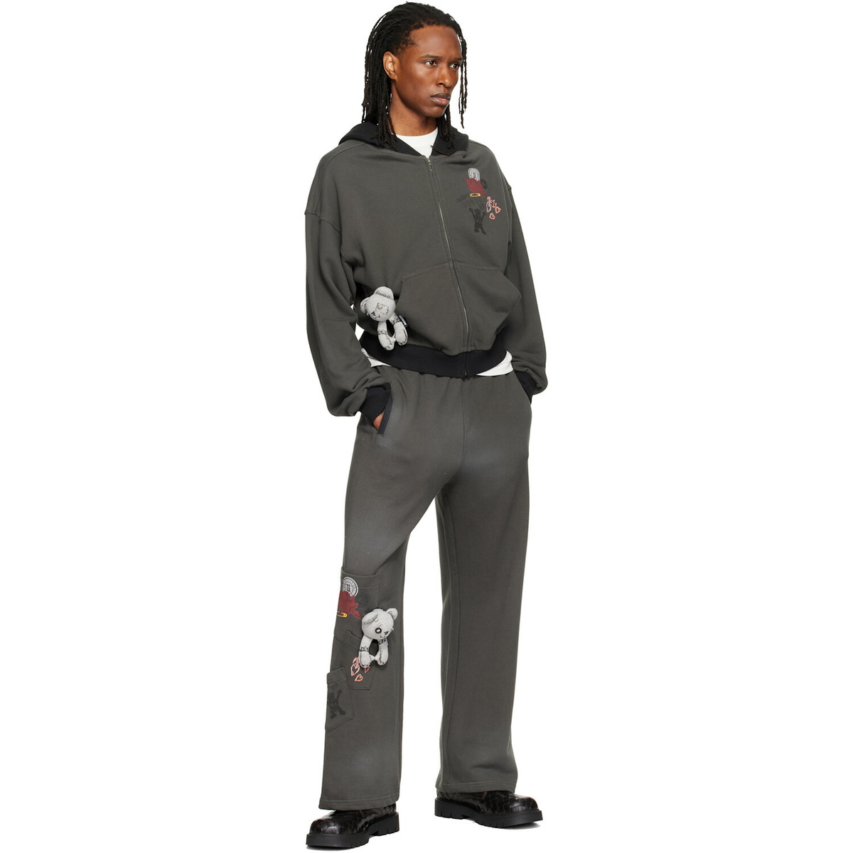 We11done Gray Washed Doodle Teddy Zip-Up Hoodie