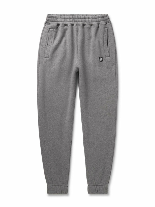 Photo: Maison Kitsuné - Tapered Logo-Appliquéd Cotton-Jersey Sweatpants - Gray