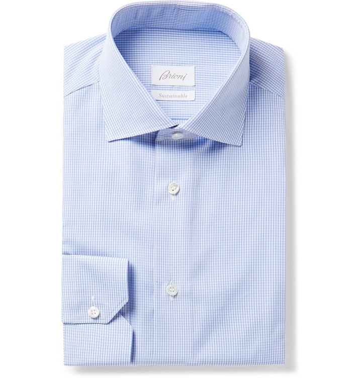 Photo: Brioni - Cutaway-Collar Micro-Checked Cotton-Poplin Shirt - Blue