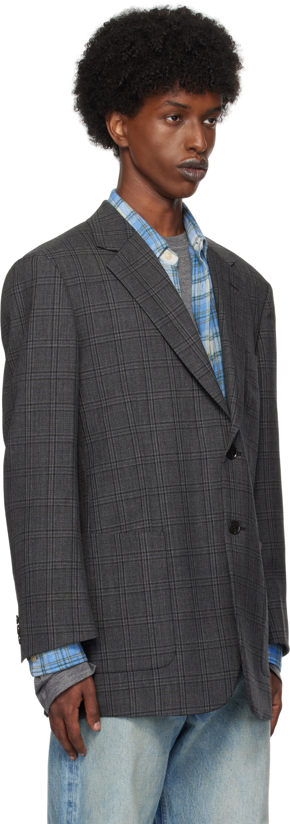 AURALEE Gray Bluefaced Wool Check Double-Breasted Blazer Auralee AURALEE Gray Bluefaced Wool Check Double-Breasted Blazer Auralee