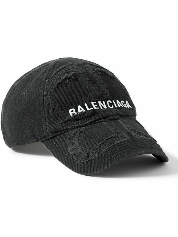 Photo: Balenciaga - BB Distressed Logo-Embroidered Cotton-Twill Baseball Cap - Black
